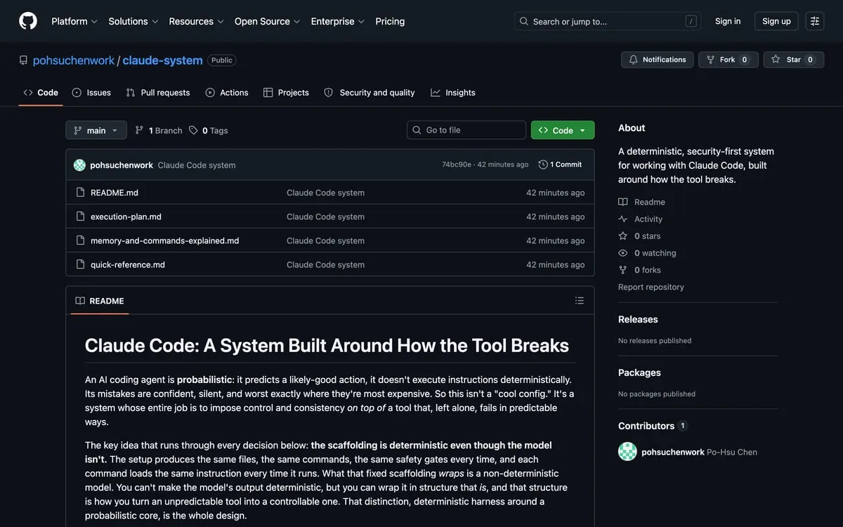 Screenshot of the public claude-system GitHub repository page, showing the repo description and file list