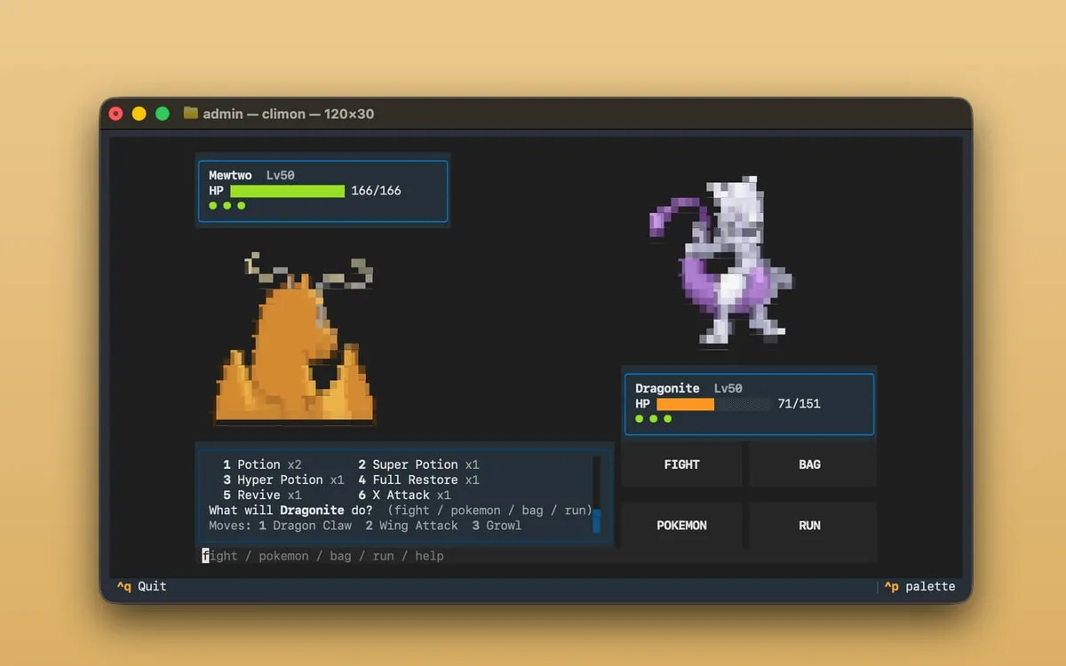 Screenshot of the CLImon terminal Pokémon battler showing an ANSI pixel-art battle