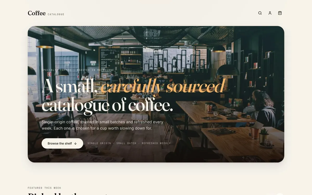 Screenshot of the Coffee Catalogue storefront home page