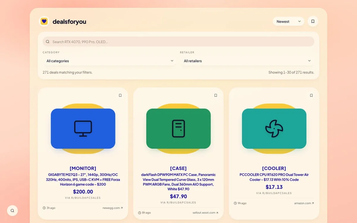 Screenshot of the DealsForYou home page