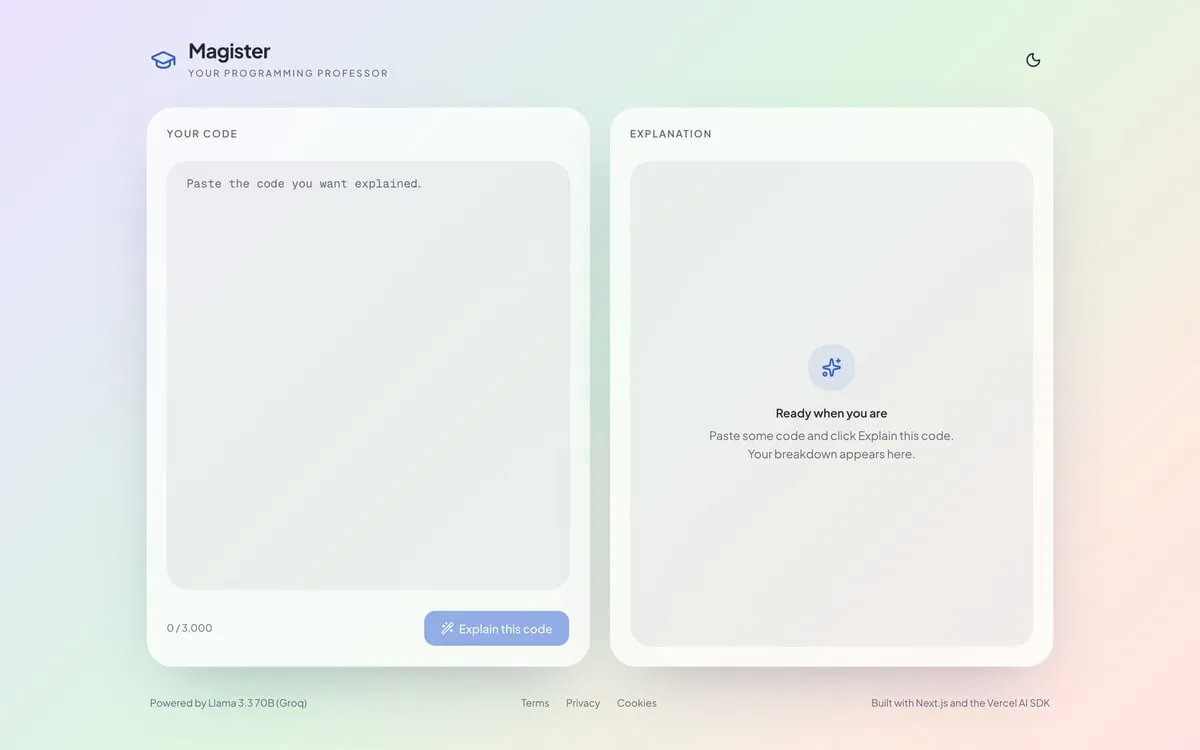 Screenshot of the Magister AI code tutor home page