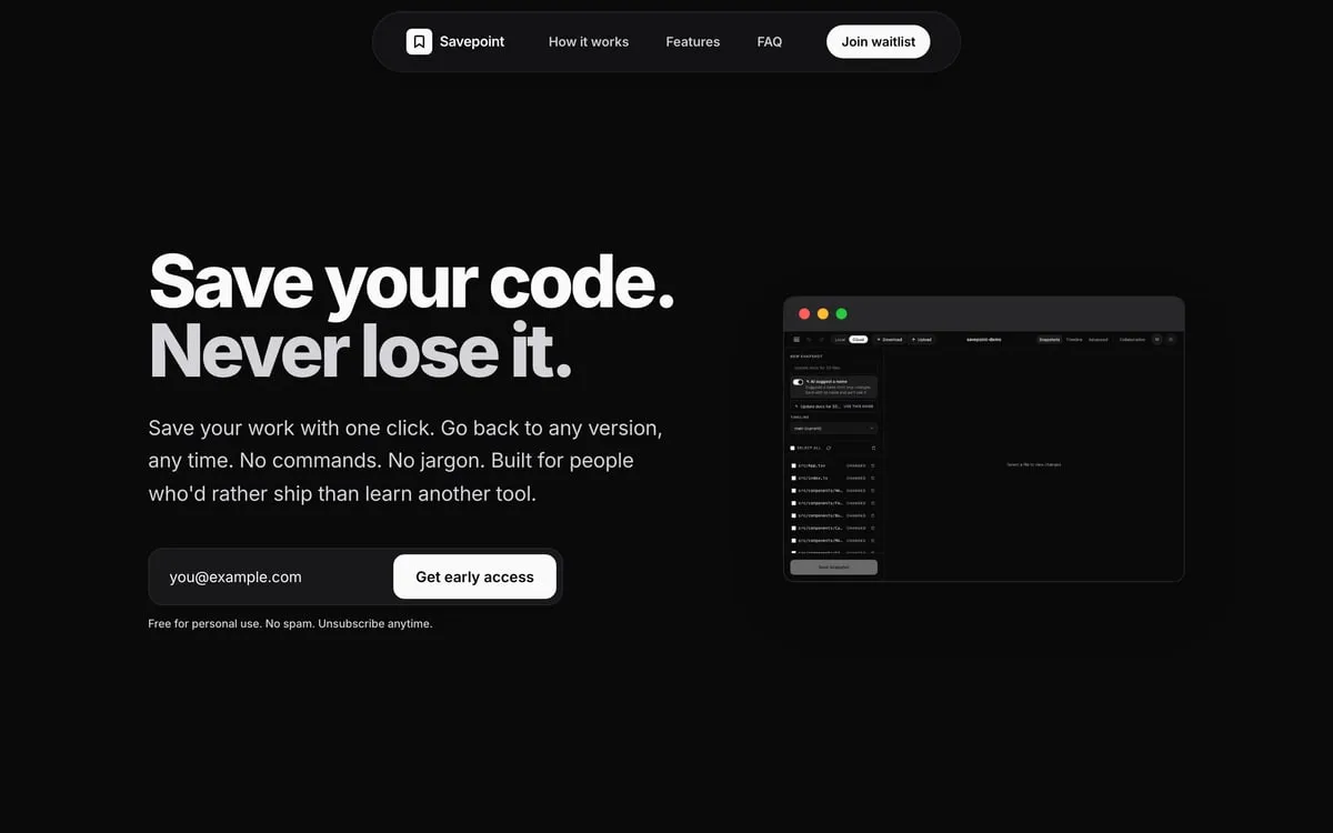 Screenshot of the Savepoint Signup home page