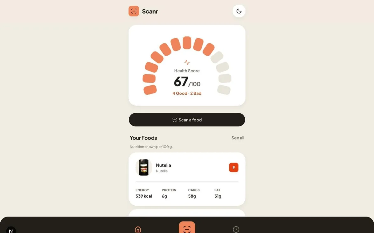 Screenshot of the Scanr food barcode scanner home page