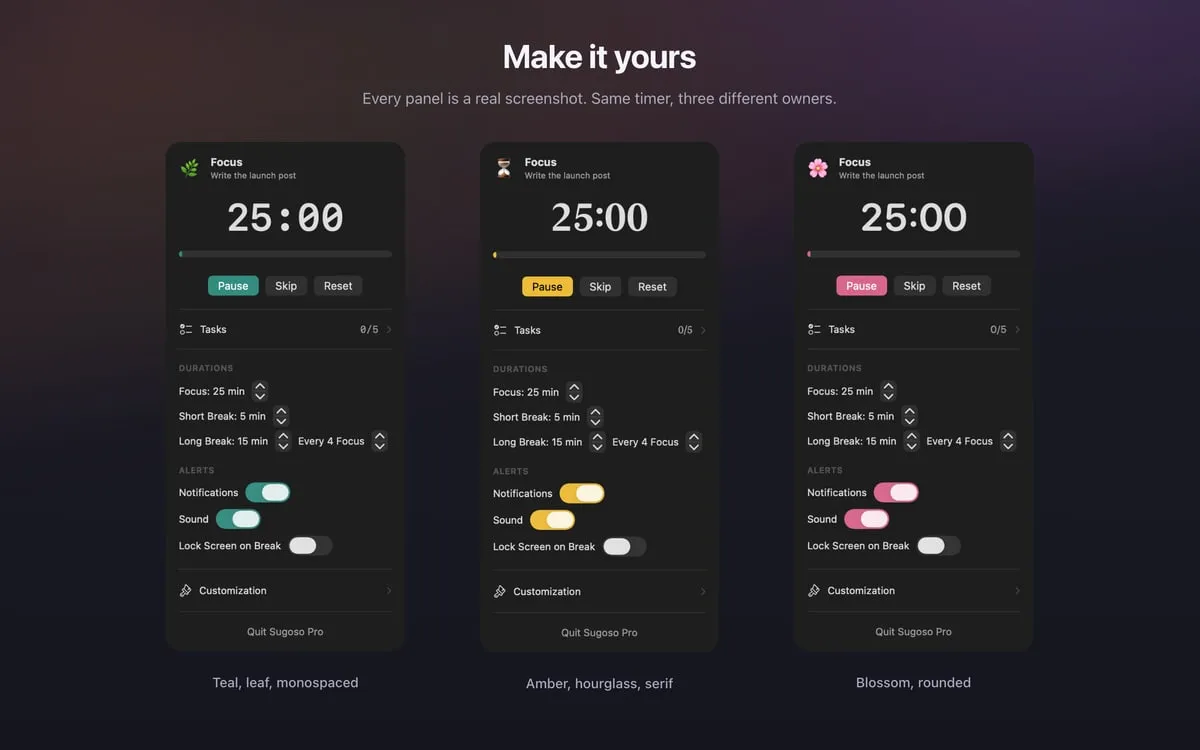 Screenshot of the Sugoso Pro signup site's customization section, showing three themed timer panels side by side (teal, amber, and blossom), each reading 25:00