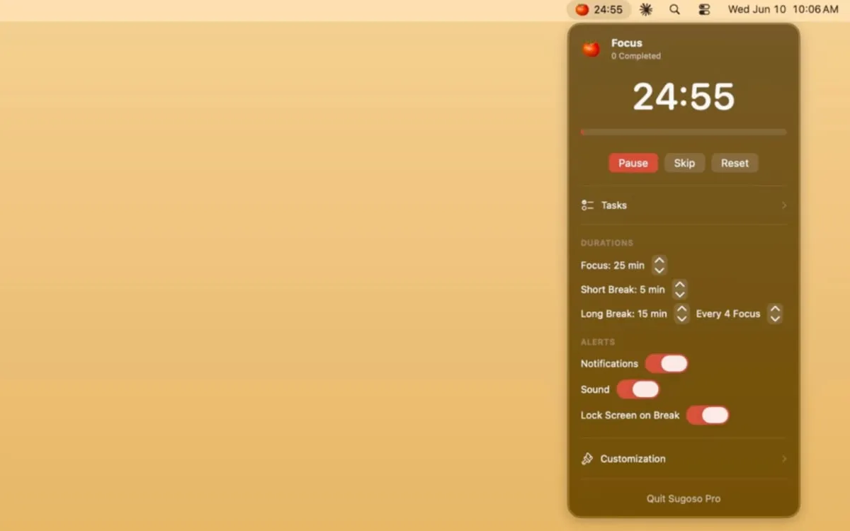 Screenshot of Sugoso, a macOS menu-bar focus timer, showing its terracotta popover with a 24:55 focus countdown, Pause, Skip and Reset controls, and duration and alert settings