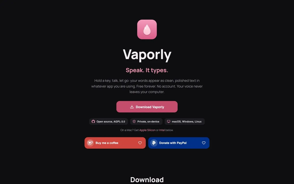 Screenshot of the Vaporly landing page, showing the hero, tagline, and download call to action