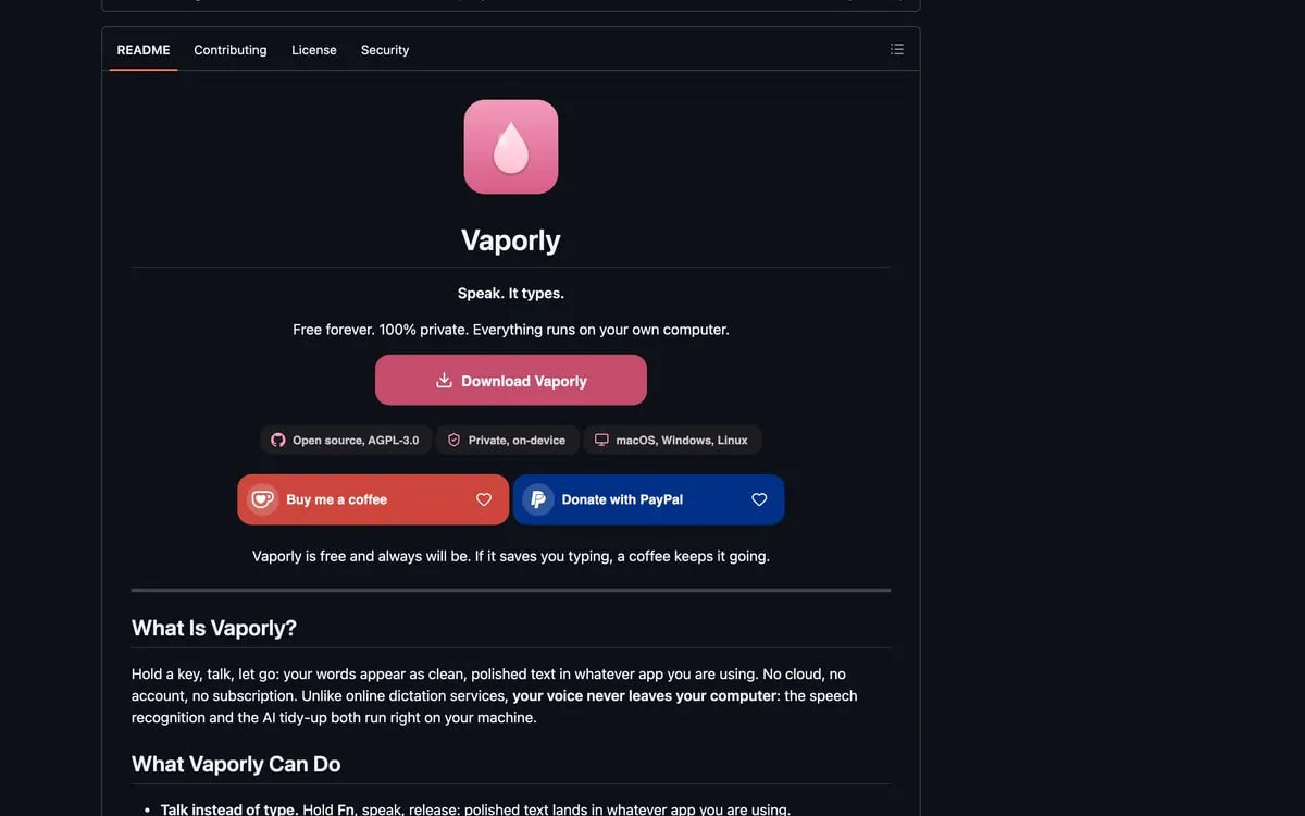 Screenshot of the Vaporly GitHub repository README, describing the on-device dictation app